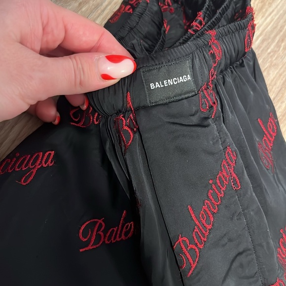 Balenciaga Red Embroidered Diagonal Logo Pajama Pants - Picture 13 of 14